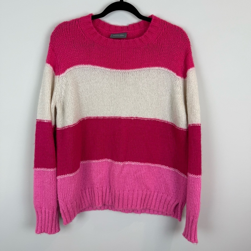 Wooden Ships Cameron Striped Crew Neck Sweater Pink Mohair Wool Blend Sz S/M